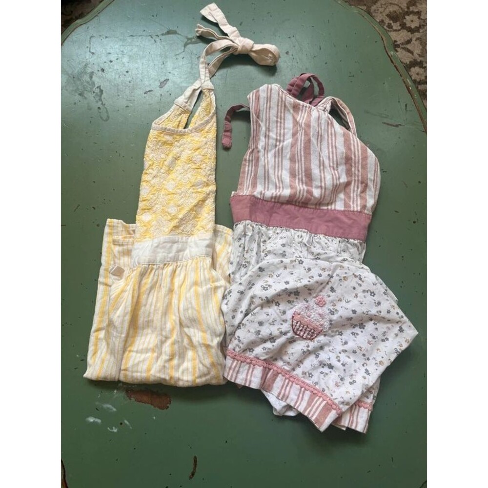 2 Vintage Aprons - Sur La Table Yellow Stripe & Pink Floral Striped Smocks 100%